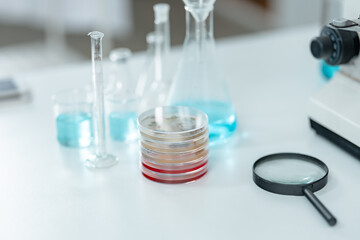 Chemical laboratory glassware with blue liquid samples in test tubes, scientific research experiment, biotechnology innovation, pharmaceutical analysis development, medical diagnostics