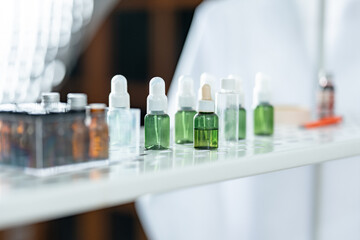 Chemical laboratory glassware with blue liquid samples in test tubes, scientific research experiment, biotechnology innovation, pharmaceutical analysis development, medical diagnostics