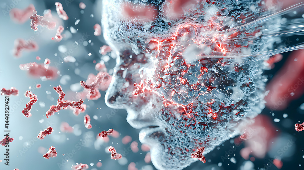 Poster a digital artwork depicting a close-up of a face with a cellular structure. the image suggests a med