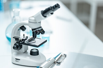 Laboratory microscope for scientific research in medical laboratory, biotechnology innovation, drug development, pharmaceutical diagnostics, health science, and microbiological analysis
