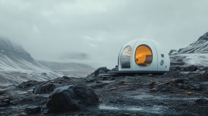  Futuristic dome cabin in remote snowy landscape