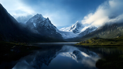 Fototapeta premium A high-altitude lake surrounded by tall alpine meadows, with snow-covered peaks looming in the distance under a vibrant blue sky.