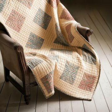 A cozy, patterned quilt drapes elegantly over a plush armchair, adding warmth to the room