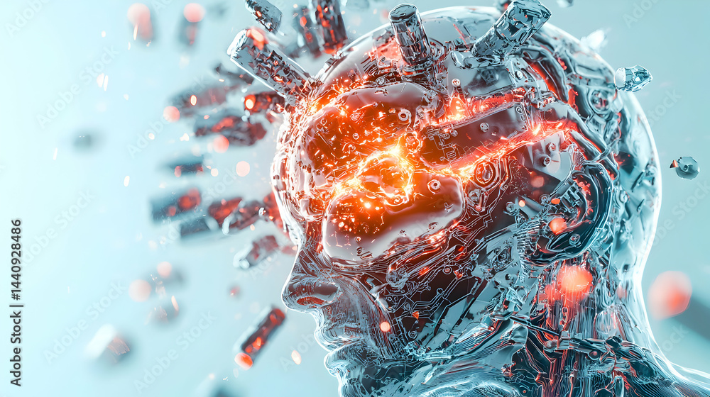 Poster cybernetic head exploding with energy representing the power of the mind or advanced ai. ideal for f