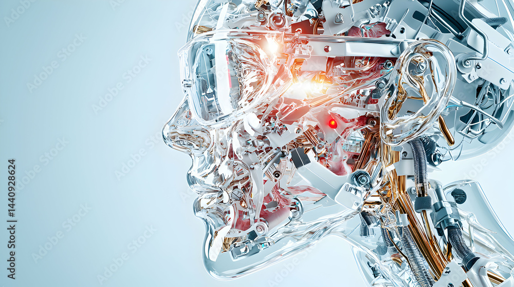 Poster a futuristic transparent robot head with internal mechanical components. ideal for tech innovation s