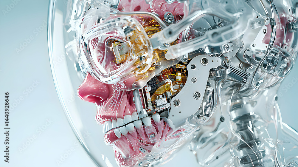 Poster a cyborg head showing internal mechanics and organic parts. suitable for sci-fi concepts or explorin