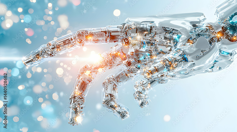 Poster a futuristic robot hand glows with intricate detail. ideal for tech presentations or illustrating ai