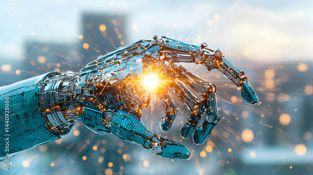 Poster futuristic robotic hand with energy radiating from its center. perfect for tech science or artificia