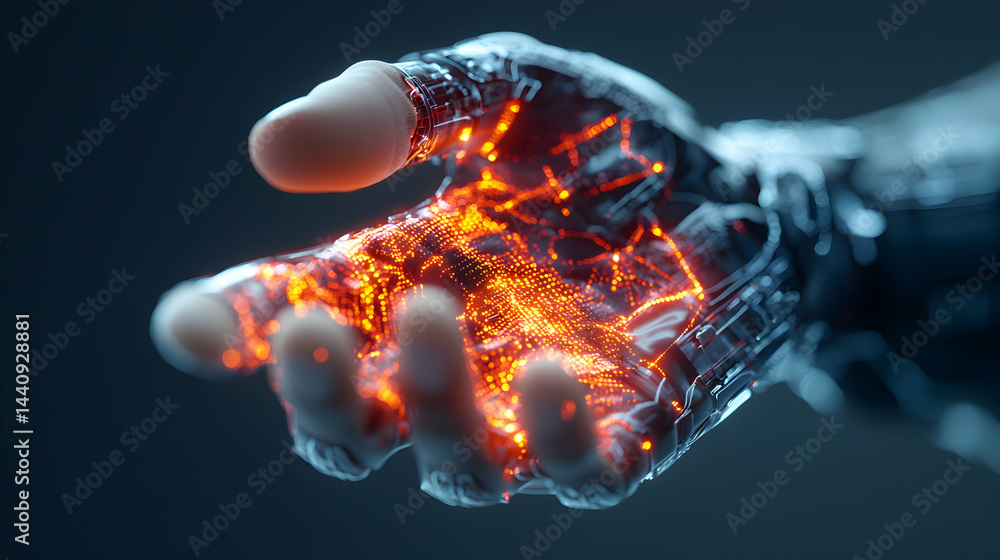 Poster an artistic representation of a futuristic hand. the design implies advanced technology possibly a c