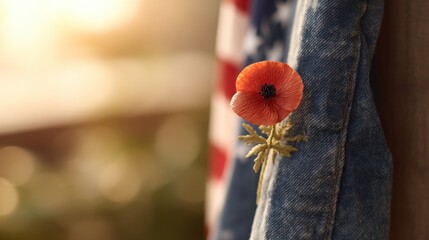 A red poppy on denim honors Memorial Day, with a flag softly behind, bathed in golden light. Remembrance and patriotism in a simple symbol.
