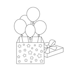 Coloring page with air balloons in gift box. Black and white image of present box with inflatable rubber balloons. Greeting card.