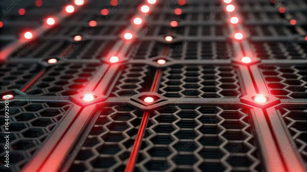 Poster a digital artwork featuring a glowing firewall grid with red pulsing elements.