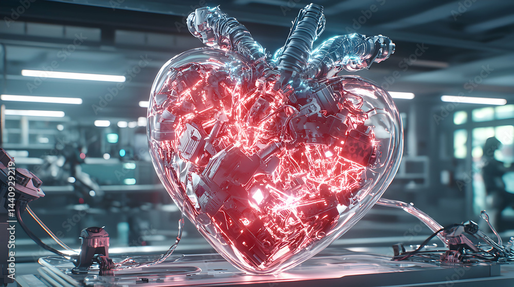 Poster a futuristic heart shaped object filled with complex machinery glowing red. it is inside a lab. the 