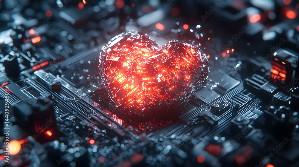 Poster a glowing heart shape made of technological components on a circuit board. illustrates the concept o