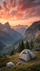 Camping tent. in the mountains. beautiful sunrise. amazing. beautiful views
