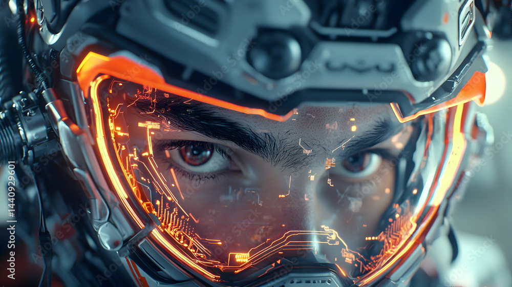 Poster a futuristic close-up showcases a person in a high-tech helmet. the helmet's visor displays glowing 