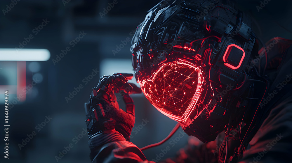 Poster cyberpunk image of a robot with a glowing heart shaped display. a futuristic design showing technolo