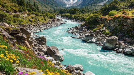 aesthetic nature, 4k nature wallpaper 4k, wallpaper nature images, nature background images | Himalayan River & Wildflowers View – 16:9 PC Laptop Nature Wallpaper HD