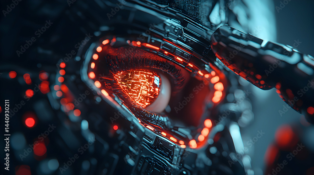 Poster a cyberpunk eye glowing with digital circuitry. ideal for futuristic sci-fi themes or tech-related p