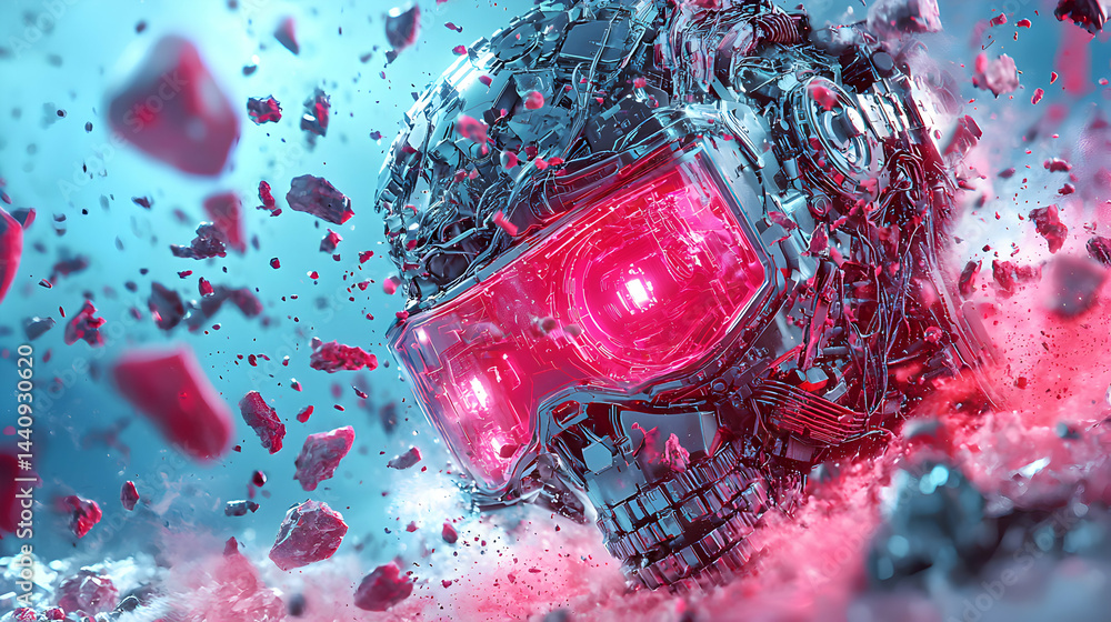 Poster a futuristic digital head exploding with vibrant energy. this image could be used for tech-related a