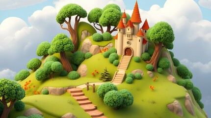 Dreamlike Fortress: A whimsical, enchanting castle, nestled atop a verdant, cartoonish hill, reaching for a sky adorned with fluffy clouds, inviting a sense of imagination and wonder. 