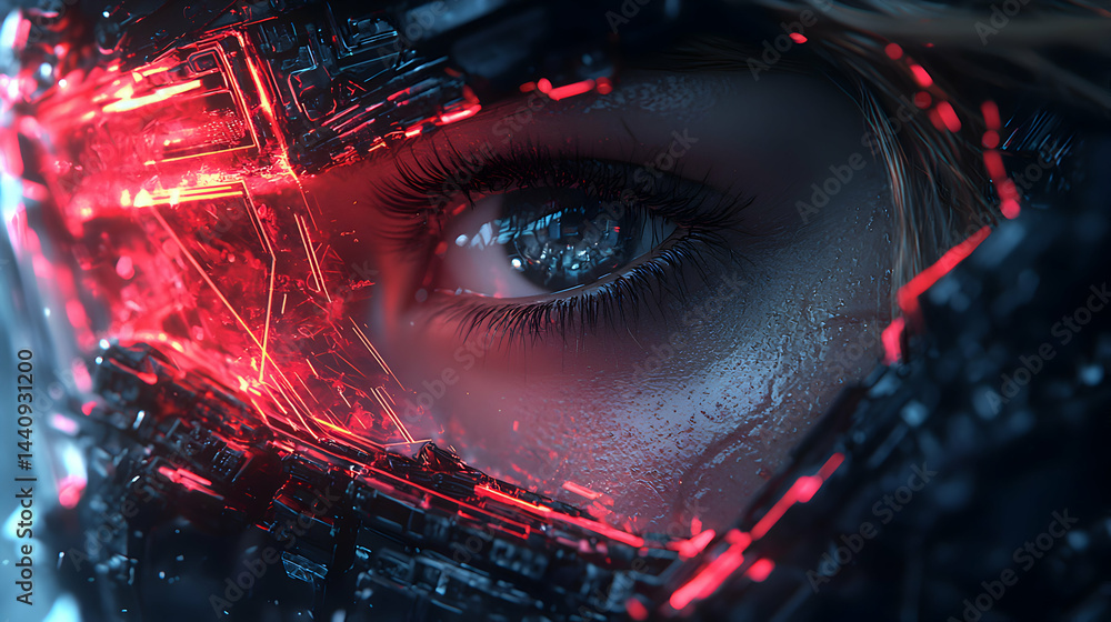 Poster cyberpunk eye detail a futuristic concept with glowing red elements and digital enhancements. perfec