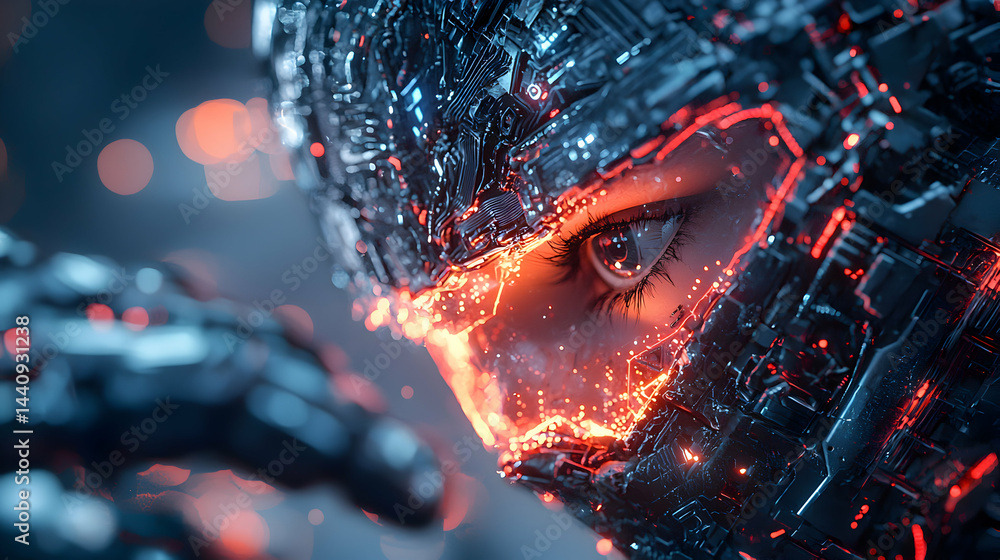 Poster a cyborg's eye glows amidst a circuit board face. use this futuristic digital art for sci-fi book co