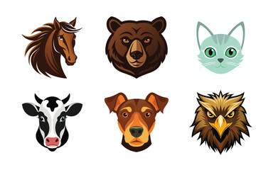 set of animals face vector art silhouette 