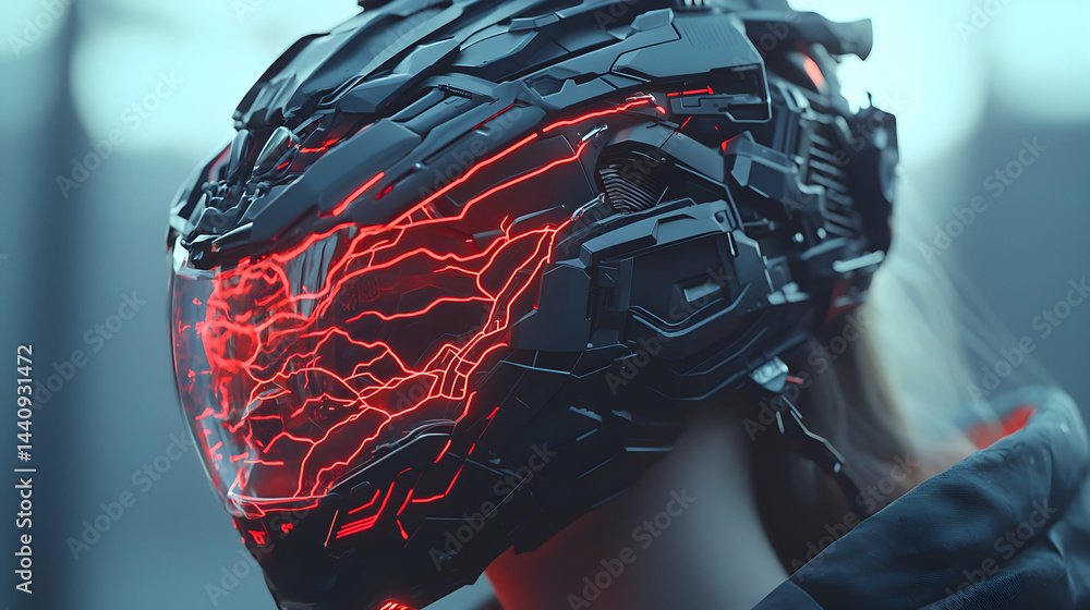 Poster futuristic helmet design with glowing red lines. suitable for sci-fi projects or creating visually s