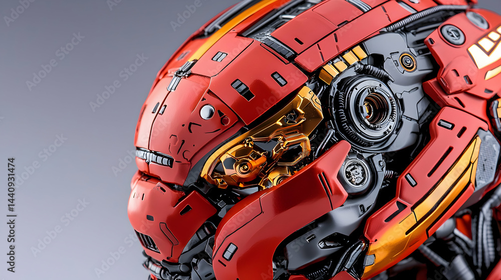 Poster this image features a detailed close-up of a futuristic robotic head with intricate mechanical parts