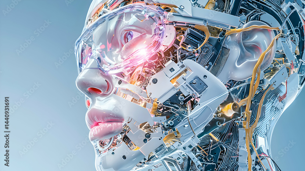Poster a futuristic cyborg head. ideal for sci-fi art projects or futuristic technology visualizations. per