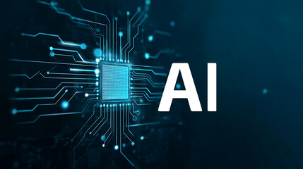 Blue background with digital circuit lines and the word "AI" in white text, depicting an artificial intelligence chip icon. The design reflects artificial intelligence technology, cybersecurity