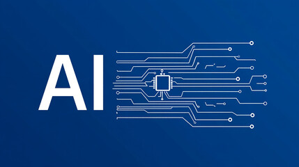 Blue background with digital circuit lines and the word "AI" in white text, depicting an artificial intelligence chip icon. The design reflects artificial intelligence technology, cybersecurity