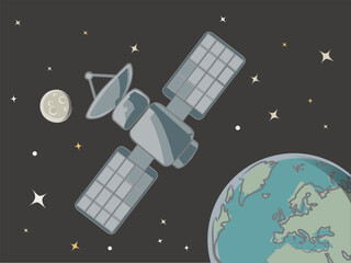 Vector illustration of a satellite in space. Ideal for technology, communication, aerospace, science, exploration, and global connection themes.