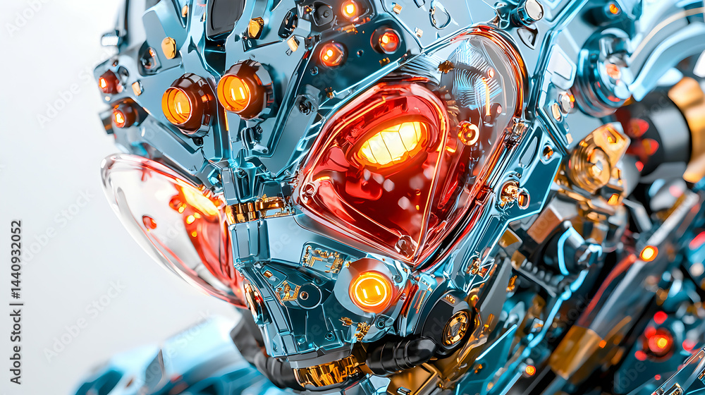 Poster futuristic robot head design with intricate details. ideal for sci-fi concepts game assets or promot