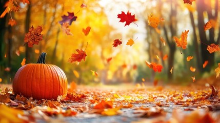 Autumnal pumpkin scene in park with falling leaves