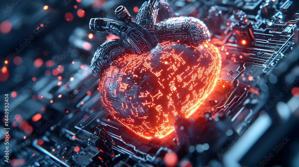 Poster a futuristic heart-shaped circuit board glows emitting a warm light. its complex design symbolizes a