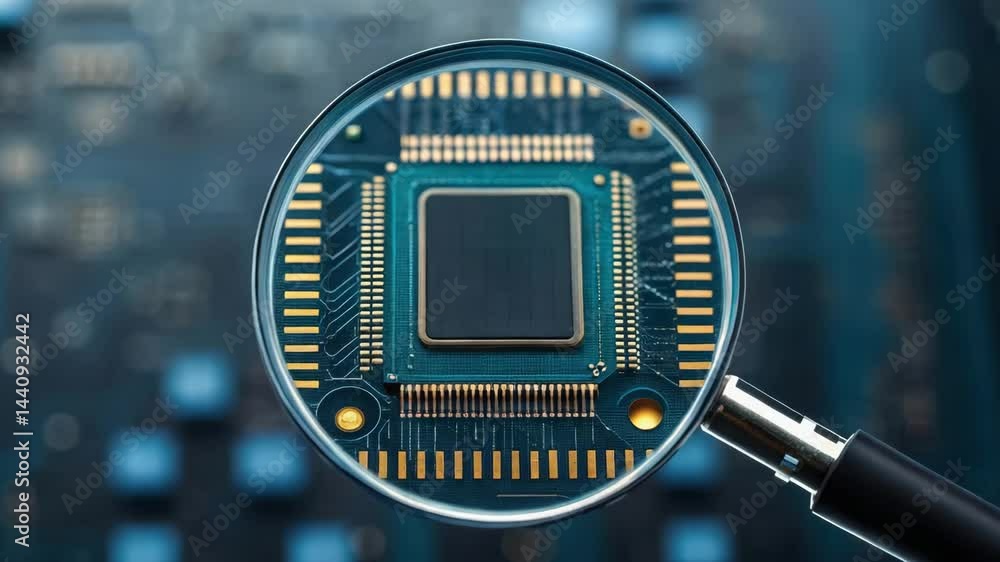 Aufkleber a close-up view of a microchip under a magnifying glass, highlighting intricate circuits against a d