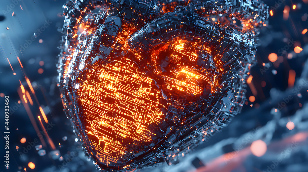 Poster this image shows a futuristic heart made of interconnected circuits. it could be used to illustrate 