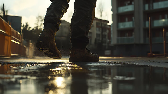 Person in Boots Stepping into a Puddle on a City Street