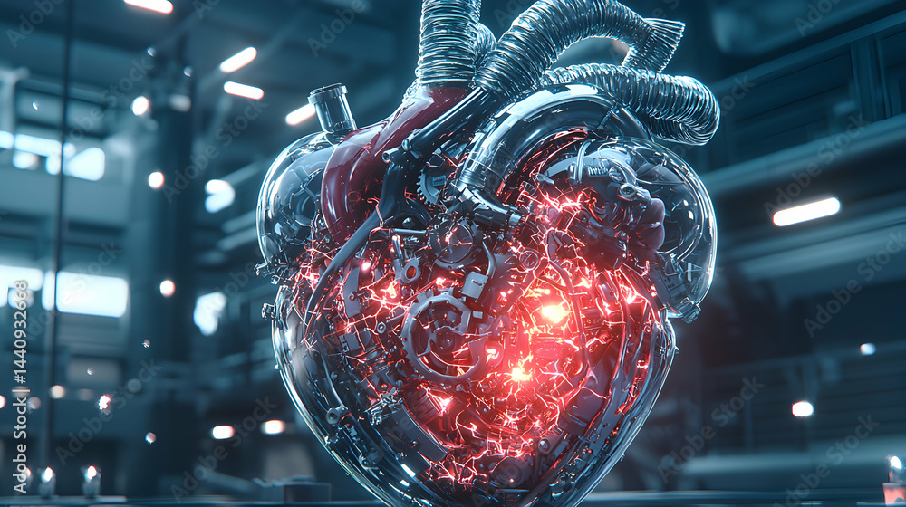 Poster a futuristic heart with glowing red circuits and mechanical components. it could represent advanced 