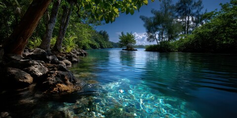 Naklejka premium Serene tropical river flowing gently under clear blue sky surrounded by lush green foliage