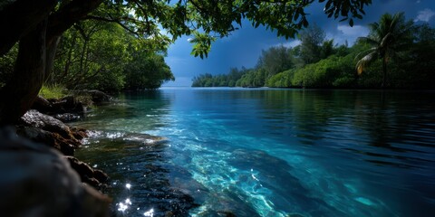 Serene waterway reflects lush greenery and blue skies during calm day in tranquil natural setting