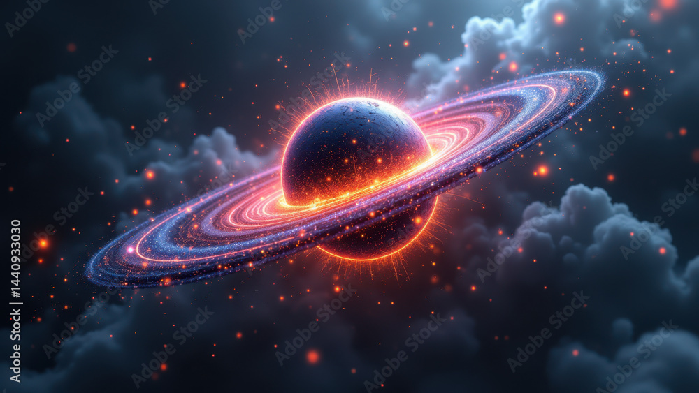 Poster an artistic representation of an atomic structure within a cosmic setting featuring nebulae and mult