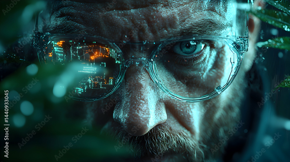 Poster a close-up of a person's face with futuristic glasses displaying data in a lush environment. suggest