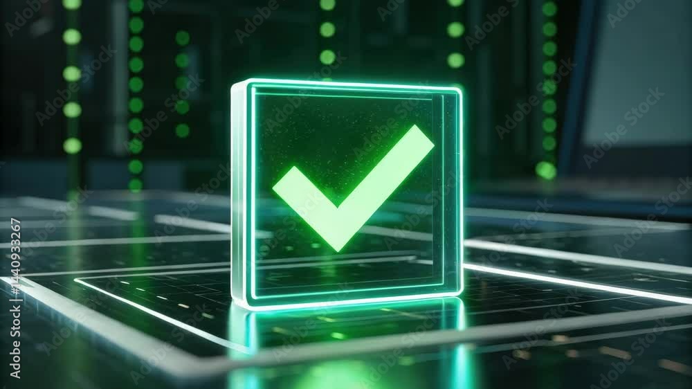 Aufkleber a glowing green checkmark icon inside a transparent box, set against a digital background with glowi