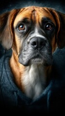 Obraz premium Dog wearing hoodie gazes thoughtfully with soulful eyes in a cozy indoor setting during evening hours