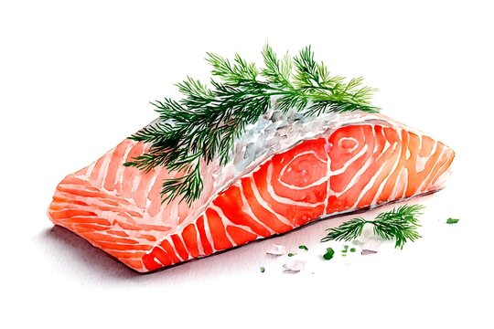Watercolor illustration of a raw salmon fillet with dill, isolated on a diffrent collers or white background, symbolizing a healthy and delicious meal.