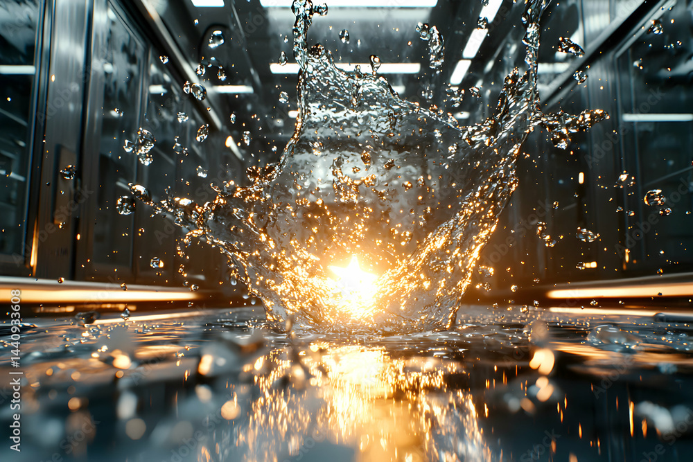 Poster a dynamic shot captures water splashing in a futuristic environment. the image evokes speed purity a
