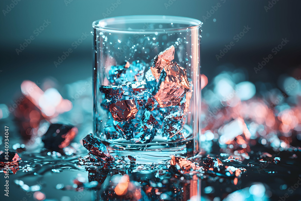 Poster a close-up photograph of a glass filled with sparkling fragmented material reflecting blue and red l
